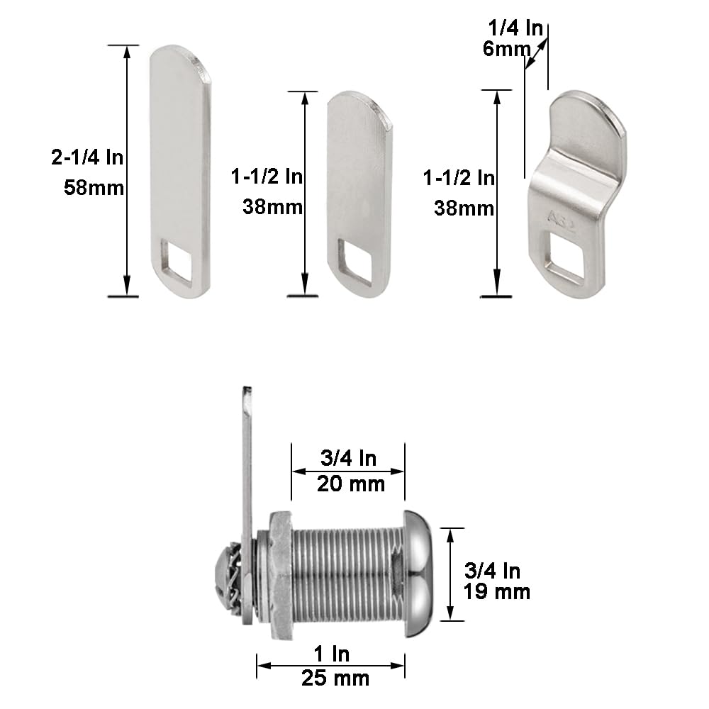 Keyed Alike 1” Cylinder Cam Locks Chrome Finish with 3 Cams and 2 Keys L29590