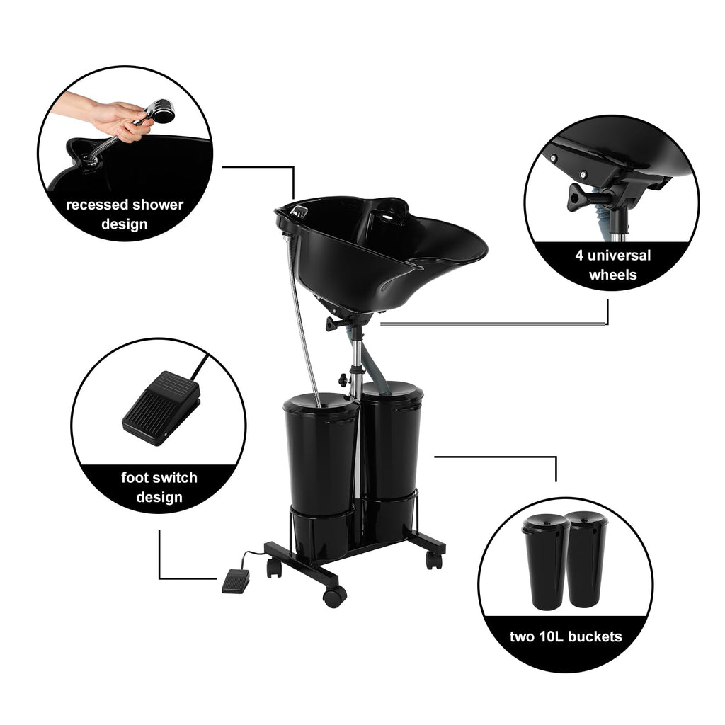 Portable Plastic Shampoo Bowl Unit with 2 Bucket and Drain Hoses Black Z68568
