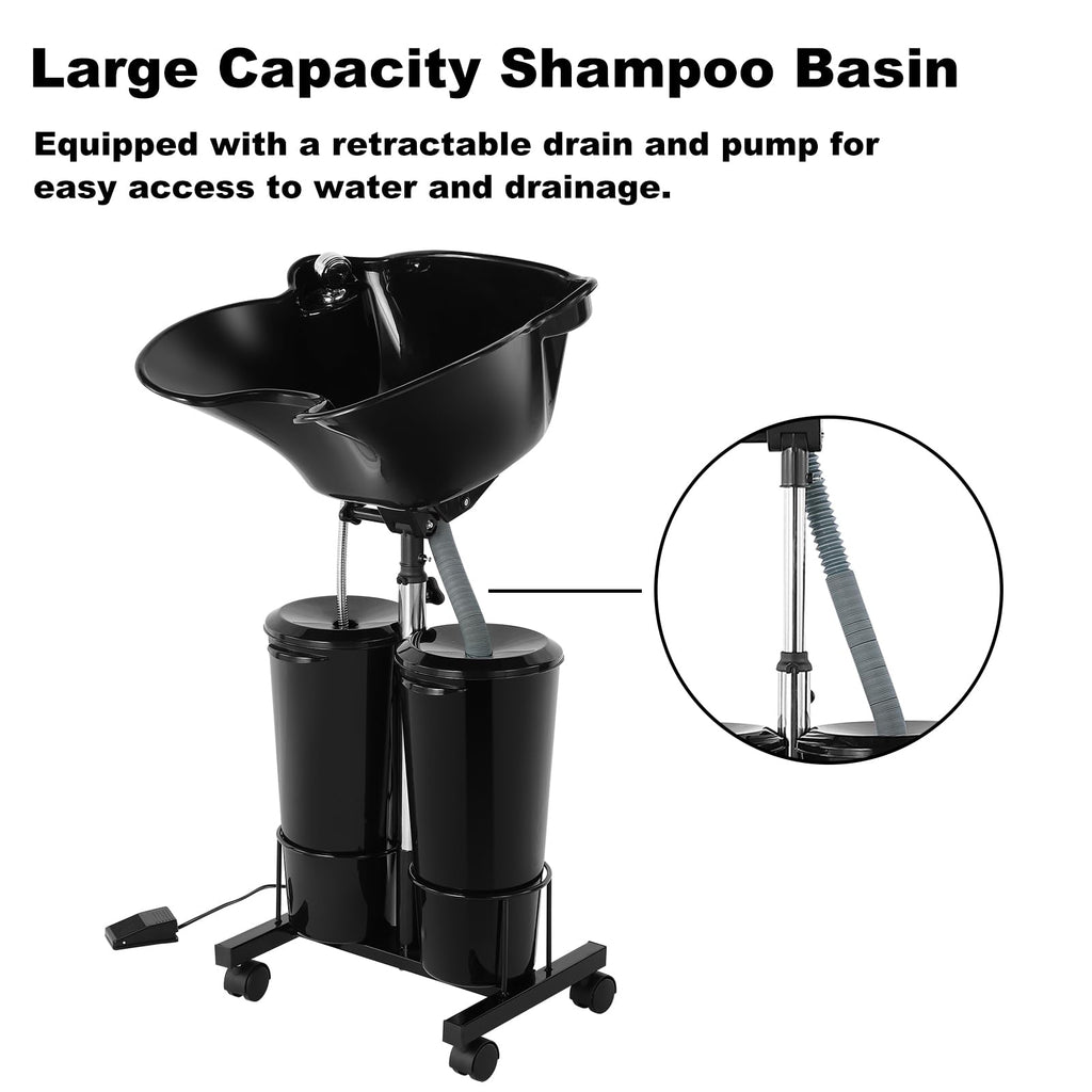 Portable Plastic Shampoo Bowl Unit with 2 Bucket and Drain Hoses Black Z68568