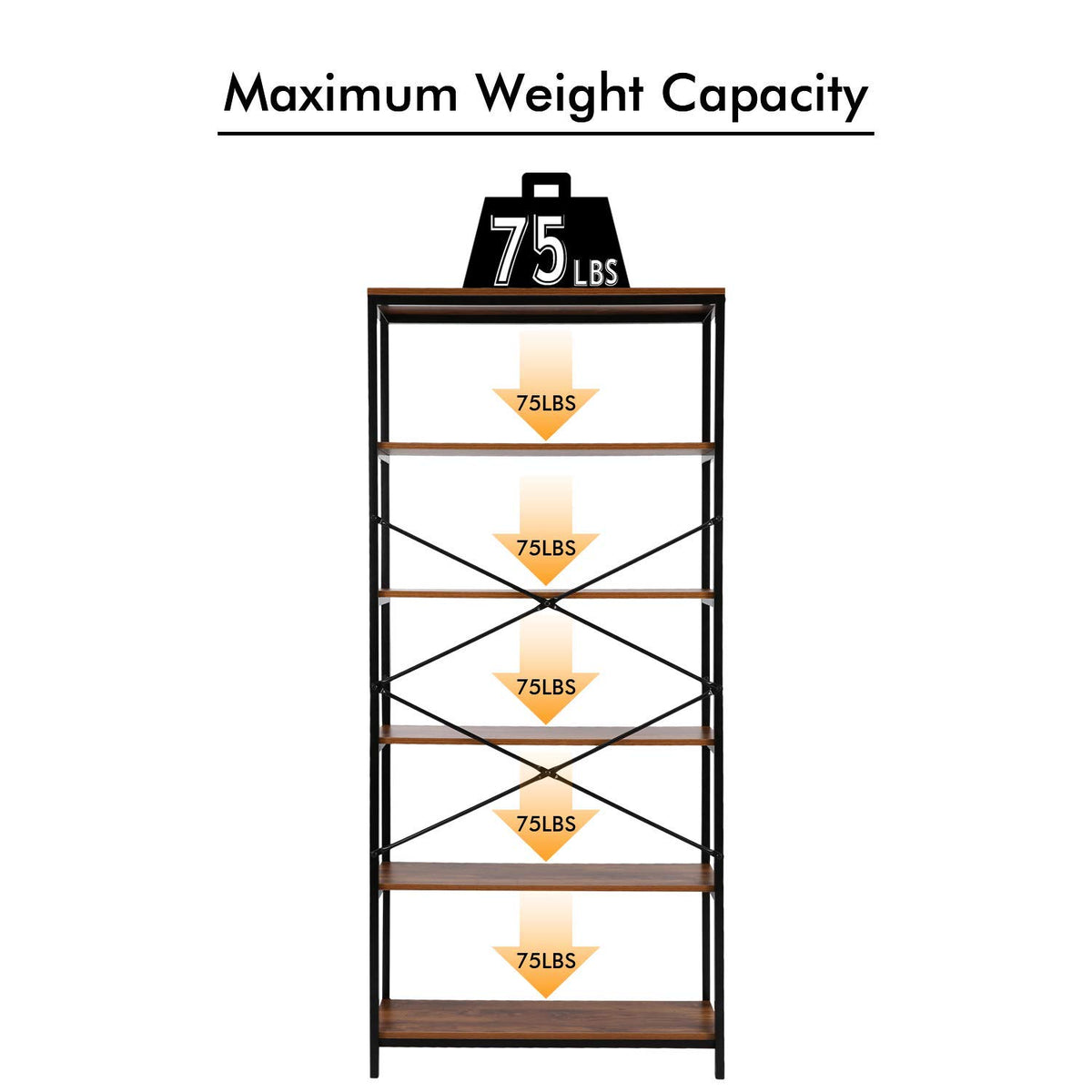 71" Tall 5 Tier Wood and Metal Bookshelf J87966