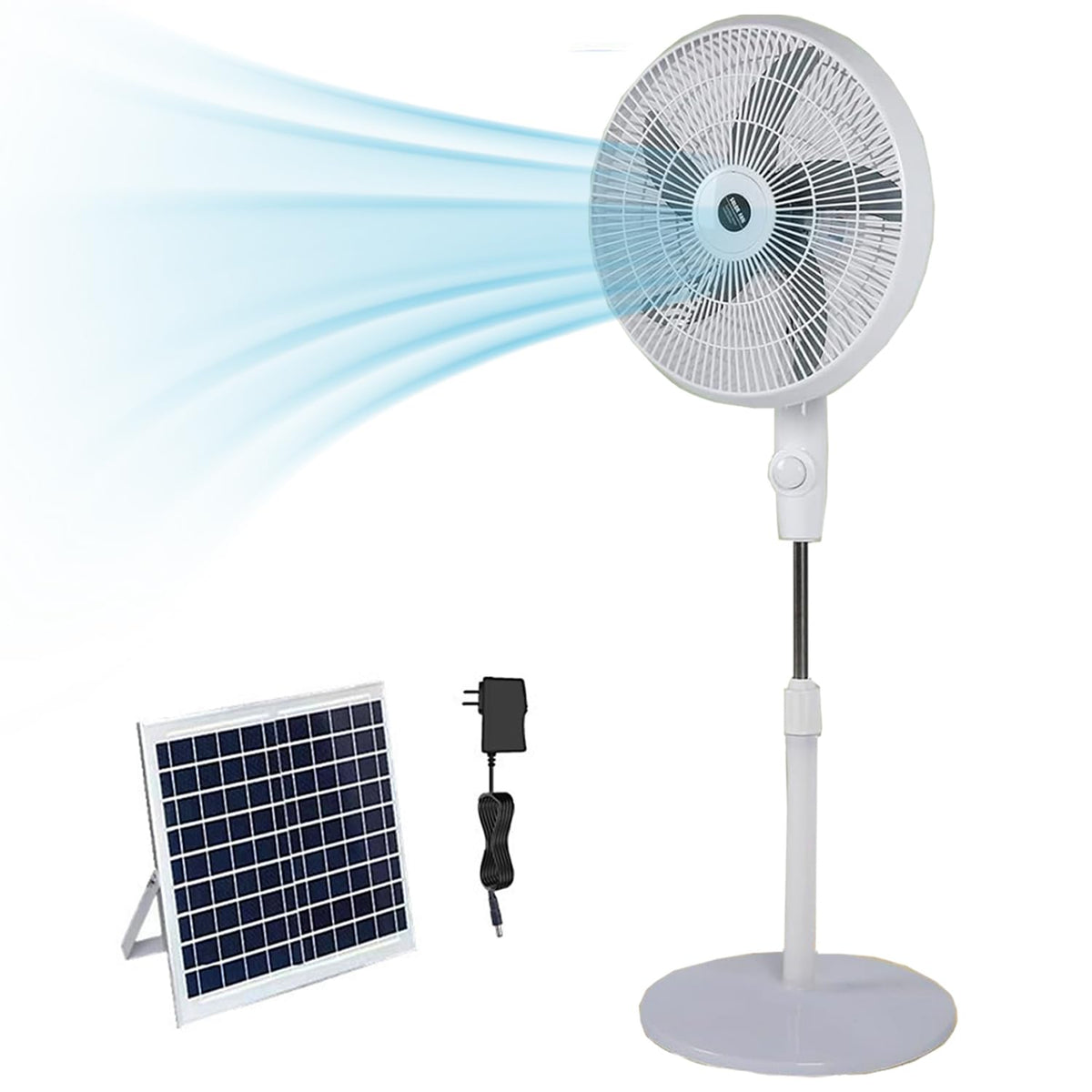 16" Oscillating Solar Floor Fan, Height Adjustable, 10000mah Battery, 3 Speeds, White J665