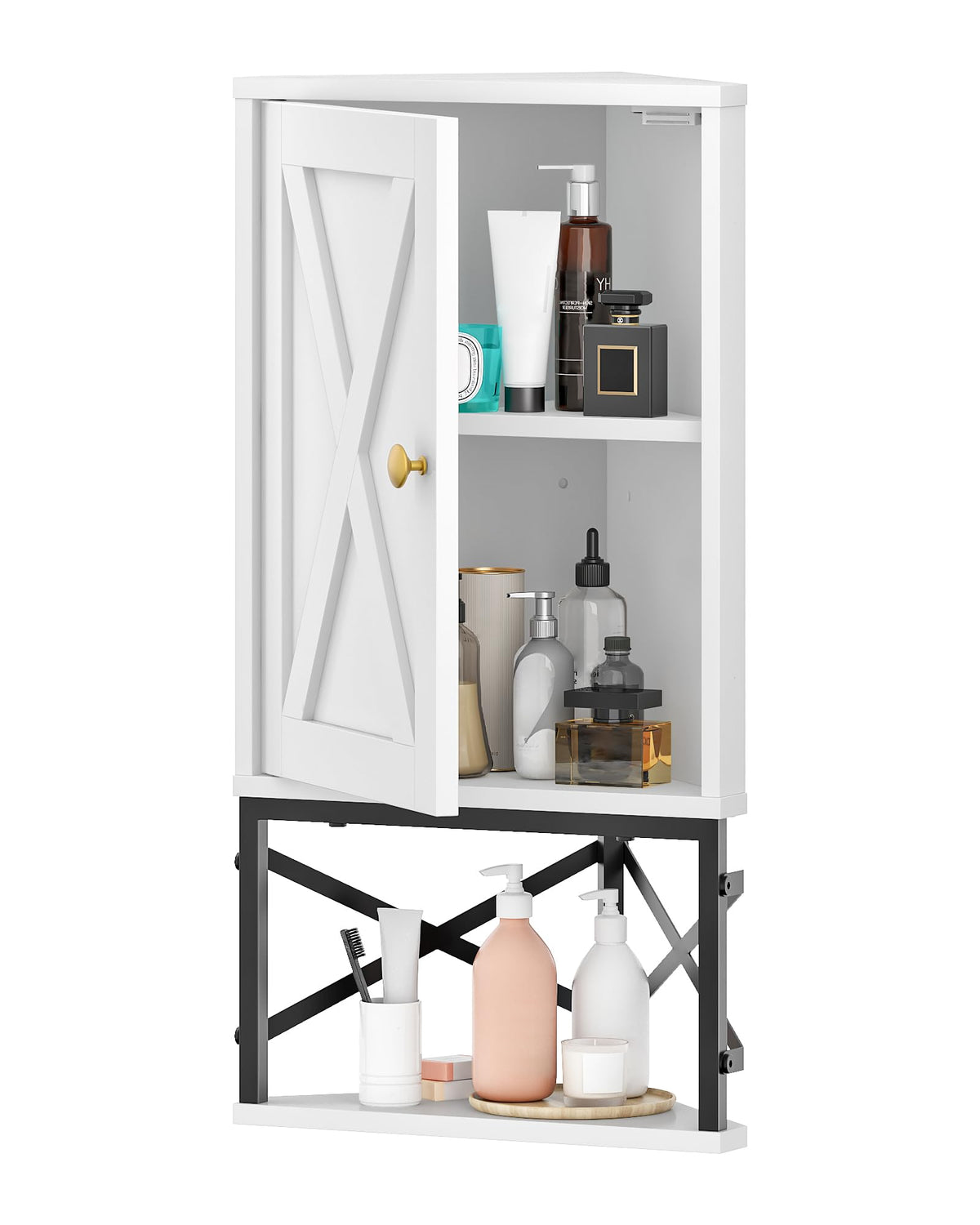White and Black Corner Wall Cabinet with Adjustable Shelf B19194