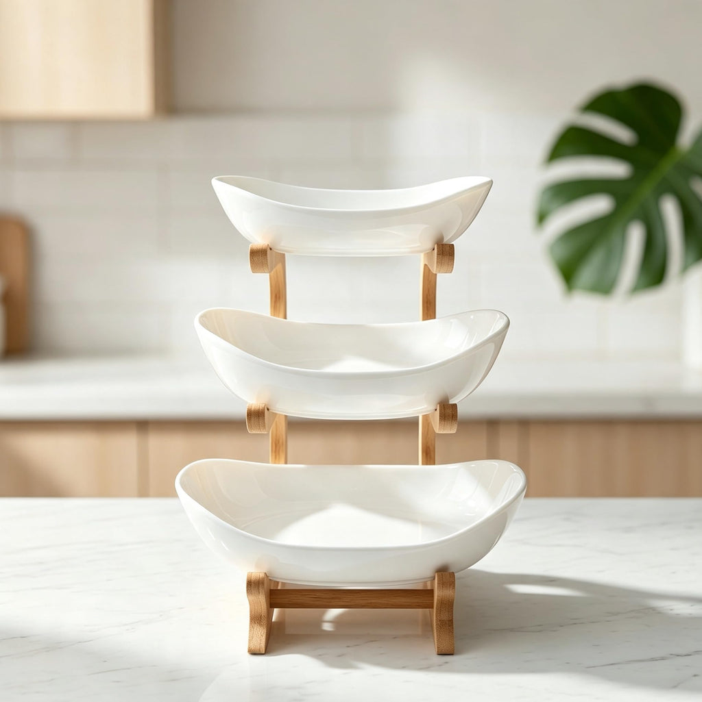 3-Tier Ceramic Fruit Bowl with Bamboo Stand P928