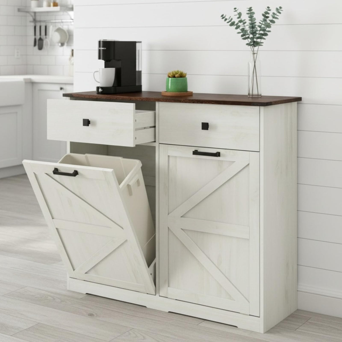 20 Gallon Double Tilt-Out Trash Can Cabinet White E615532