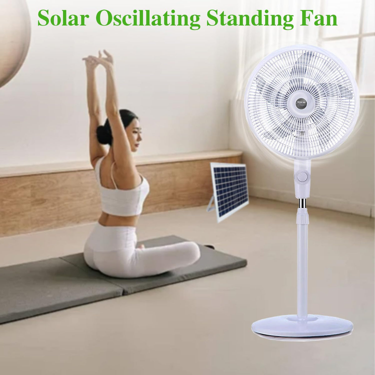 16" Oscillating Solar Floor Fan, Height Adjustable, 10000mah Battery, 3 Speeds, White J665