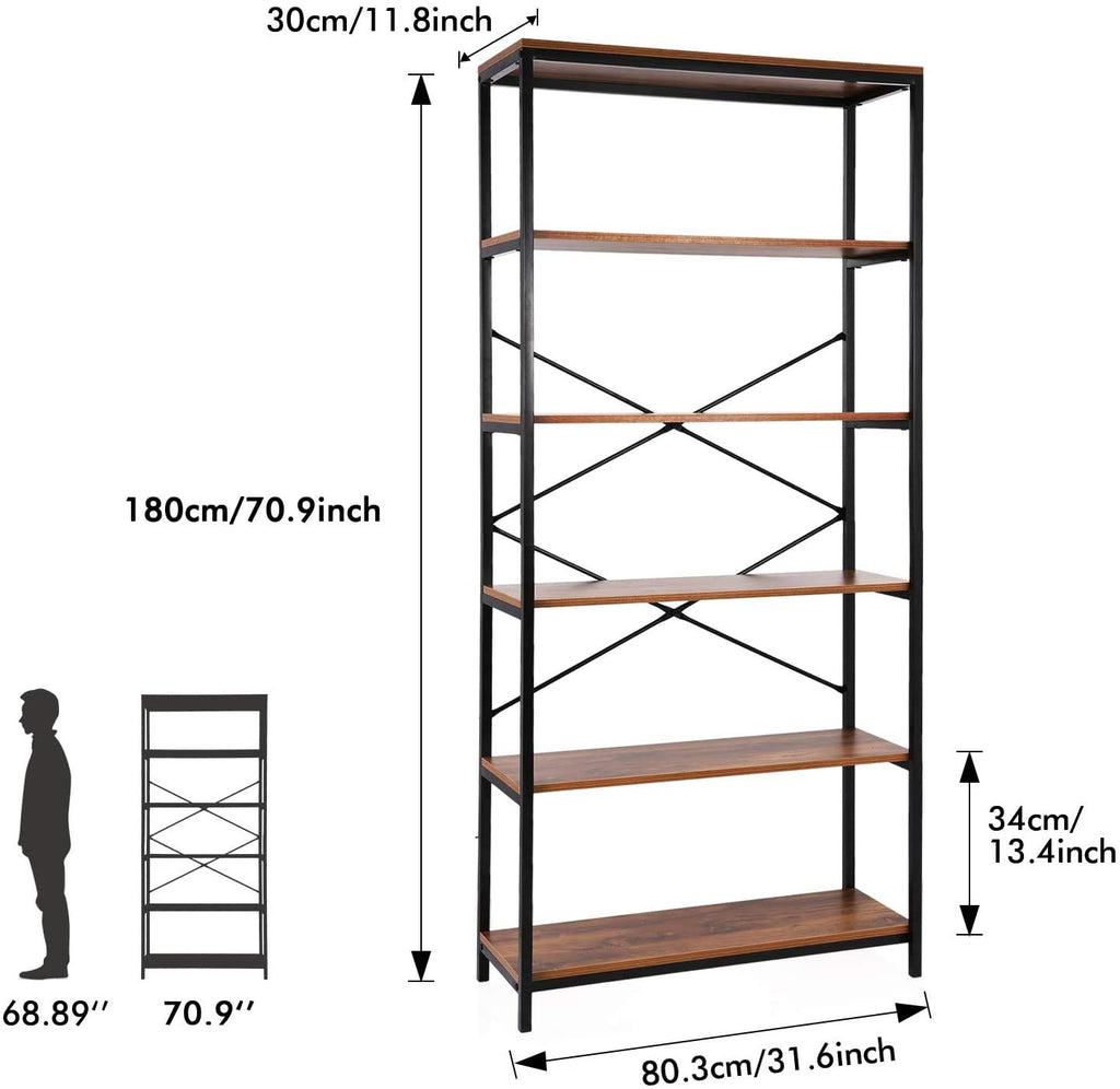 71" Tall 5 Tier Wood and Metal Bookshelf J87966