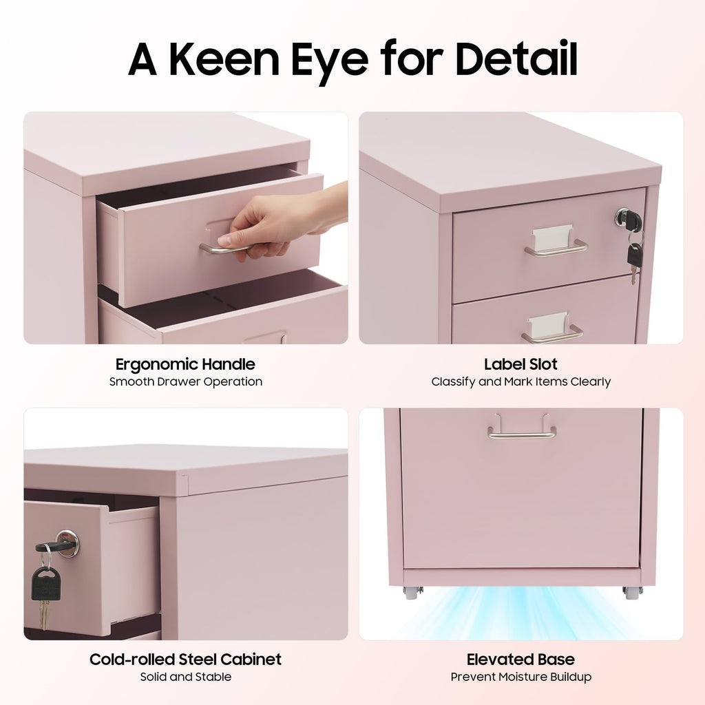 Pink 3 Drawer Metal File Cabinet with Lock O6625