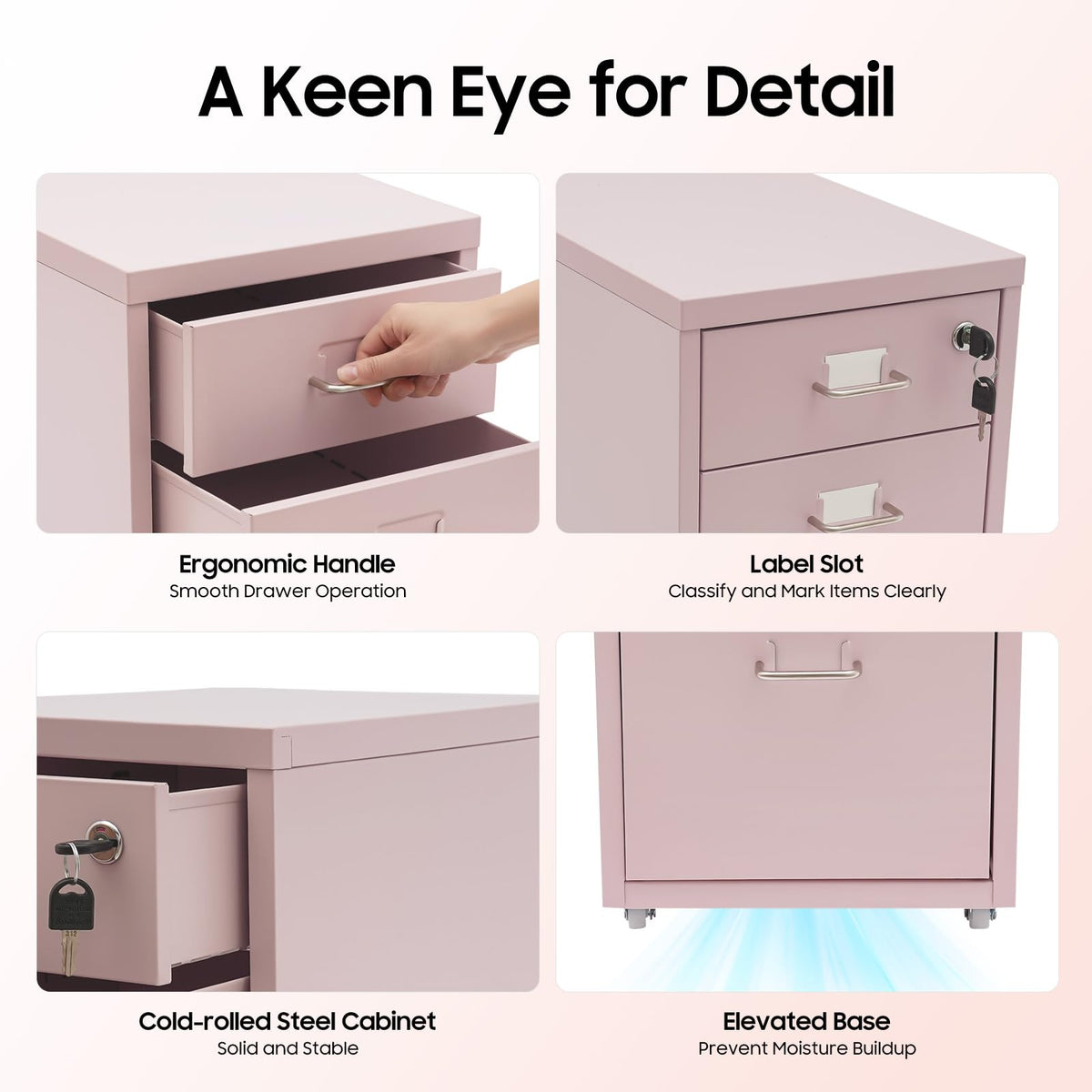 Pink 3 Drawer Metal File Cabinet with Lock O6625