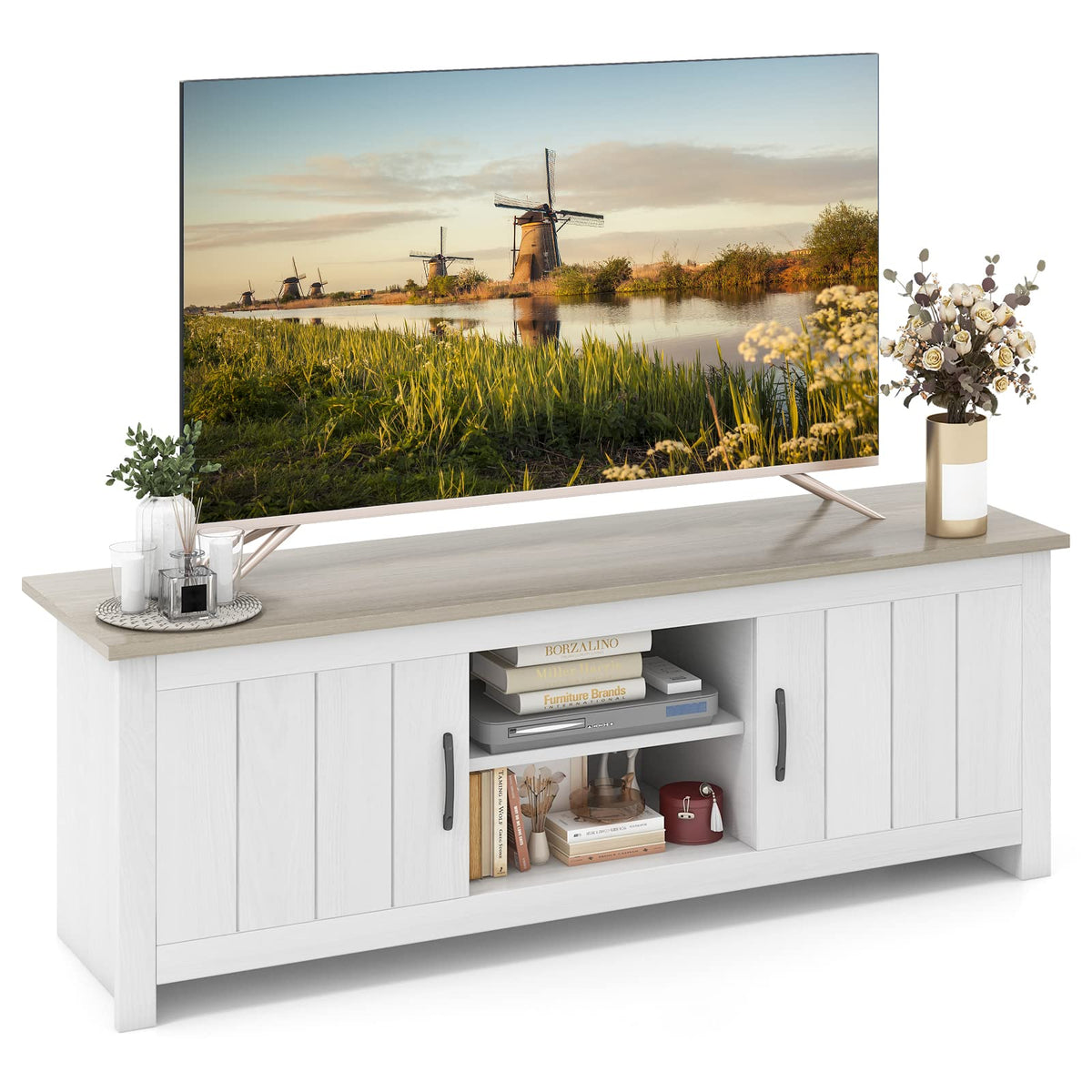 2 Doors TV Stand with 2 Cabinets & Open Shelves U9217