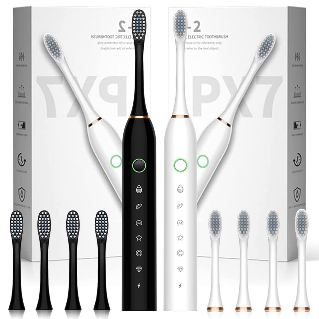 2 Pack Electric Toothbrush with 8 Brush Heads Black+White D27216