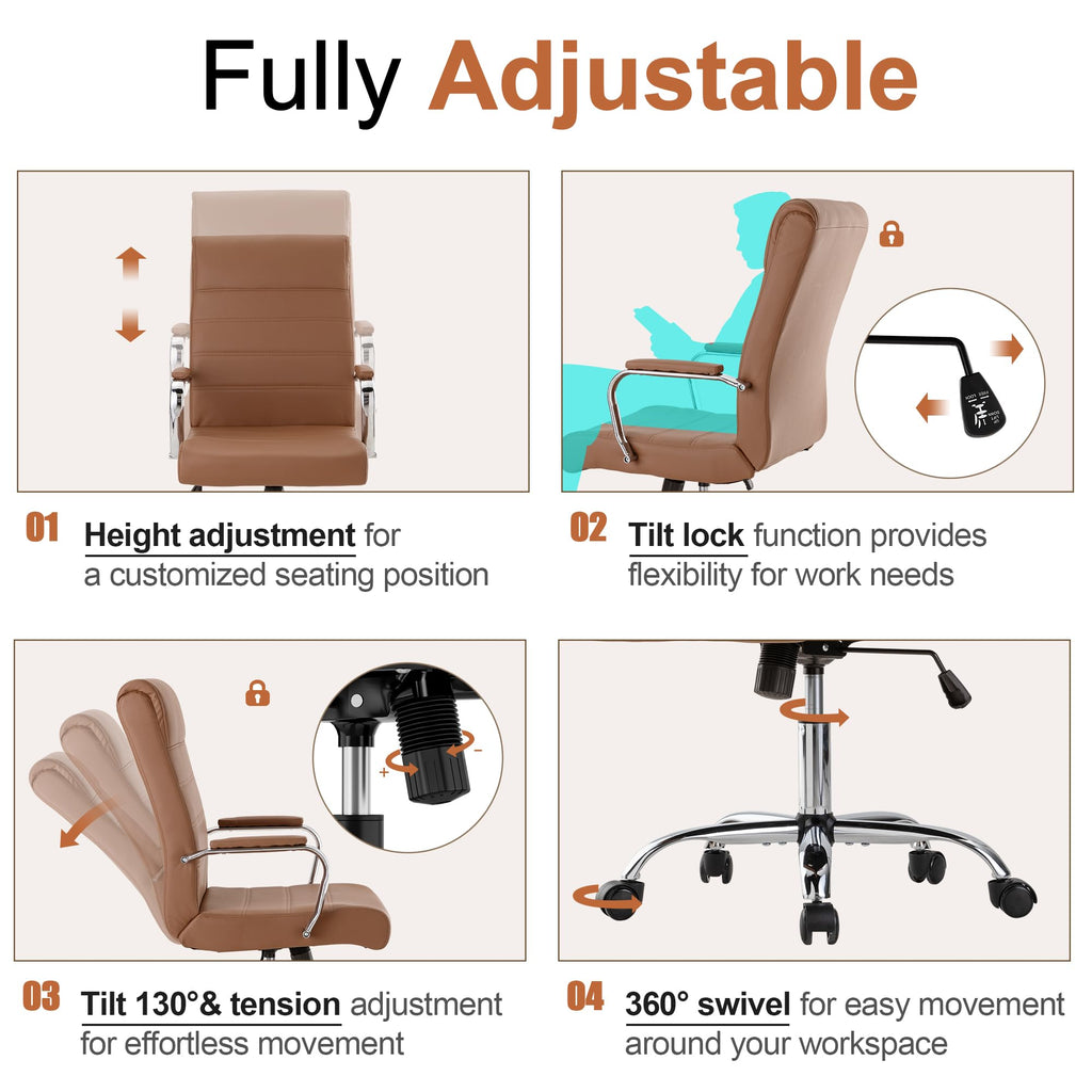 Brown Leather High Back Office Chair with Armrest M66137