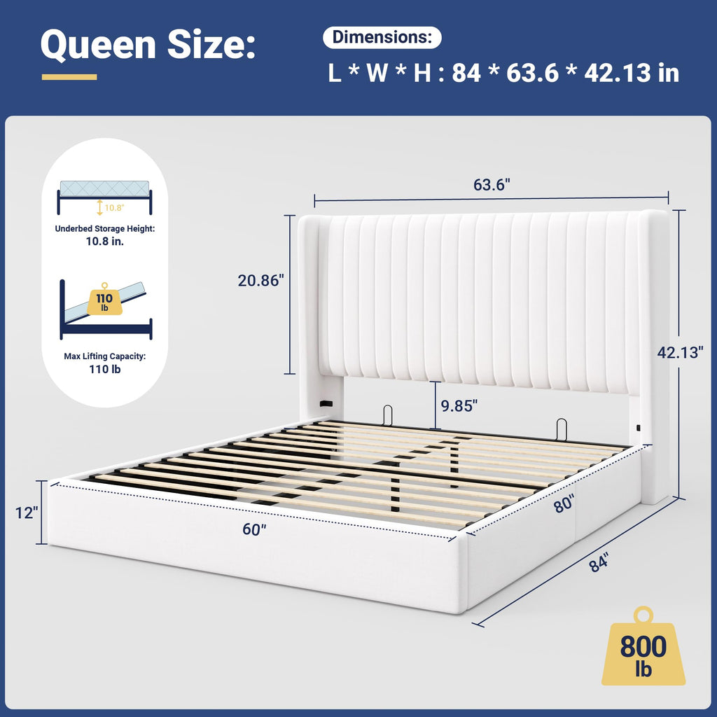 Queen Size Lift Up Storage Bed Frame White K215