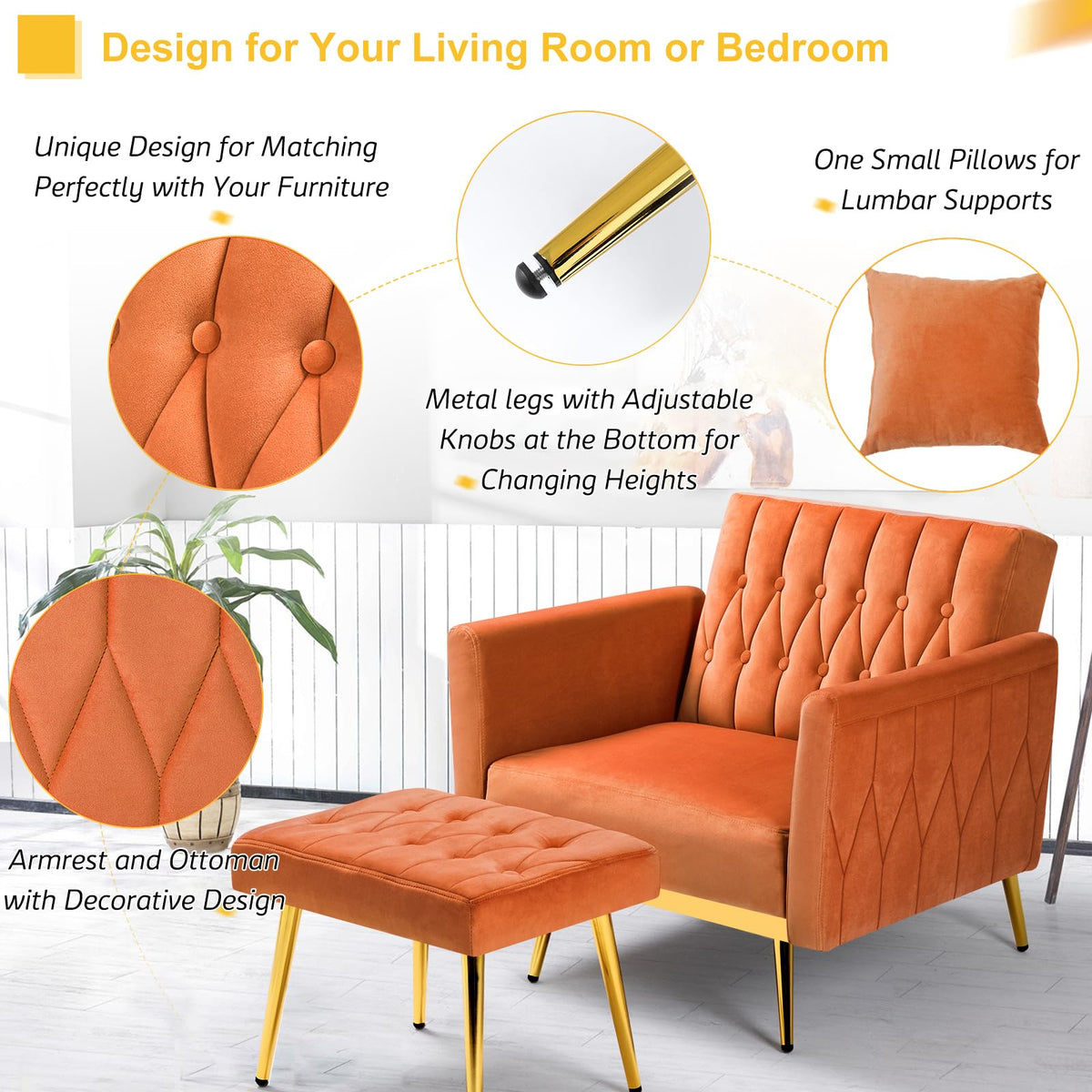 Velvet Accent Chair with Ottoman & Adjustable Backrest C3618