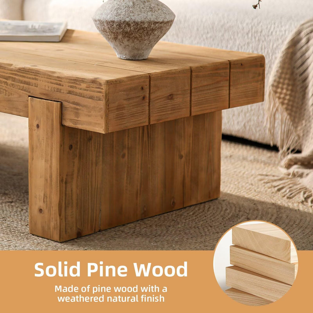Solid Pine Wood Coffee Table, Rectangular Chunky Block Legs Z27988