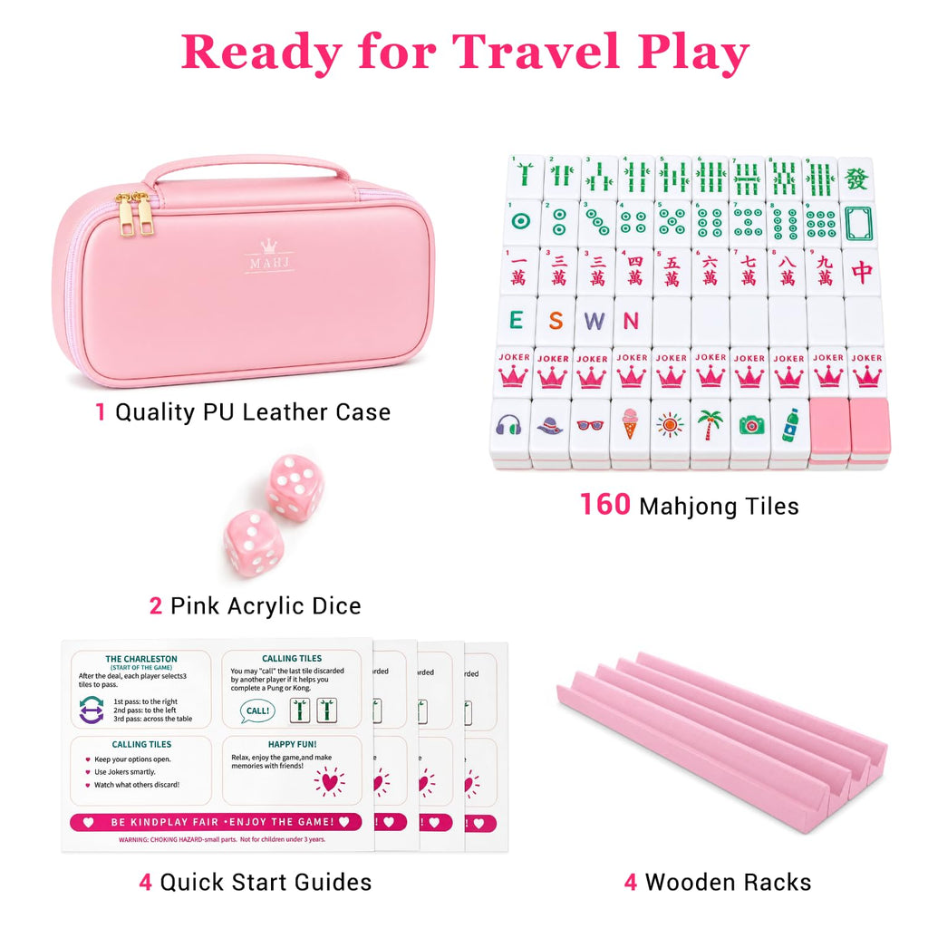 Pink Mini Travel Mahjong Tile Set with Racks and Bag I339