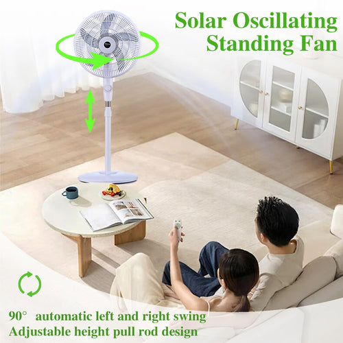 16" Oscillating Solar Floor Fan, Height Adjustable, 10000mah Battery, 3 Speeds, White J665