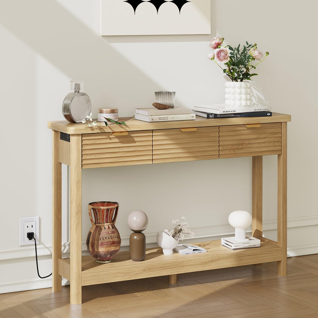 47.2" Narrow Console Table with 3 Drawers & Charging Station, Oak K82550