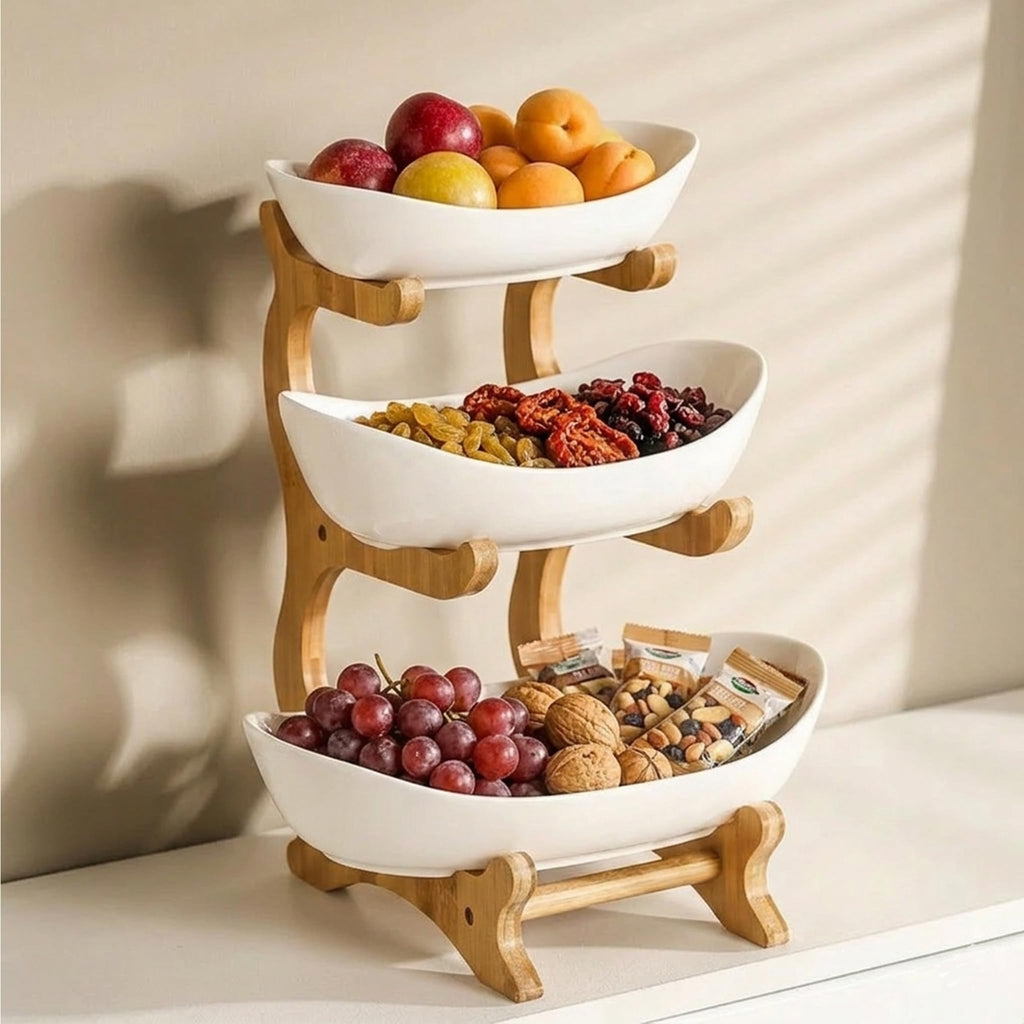 3-Tier Ceramic Fruit Bowl with Bamboo Stand P928