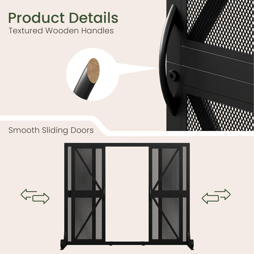 Black Wrought Iron Mesh Fireplace Screen with Sliding Doors L47643