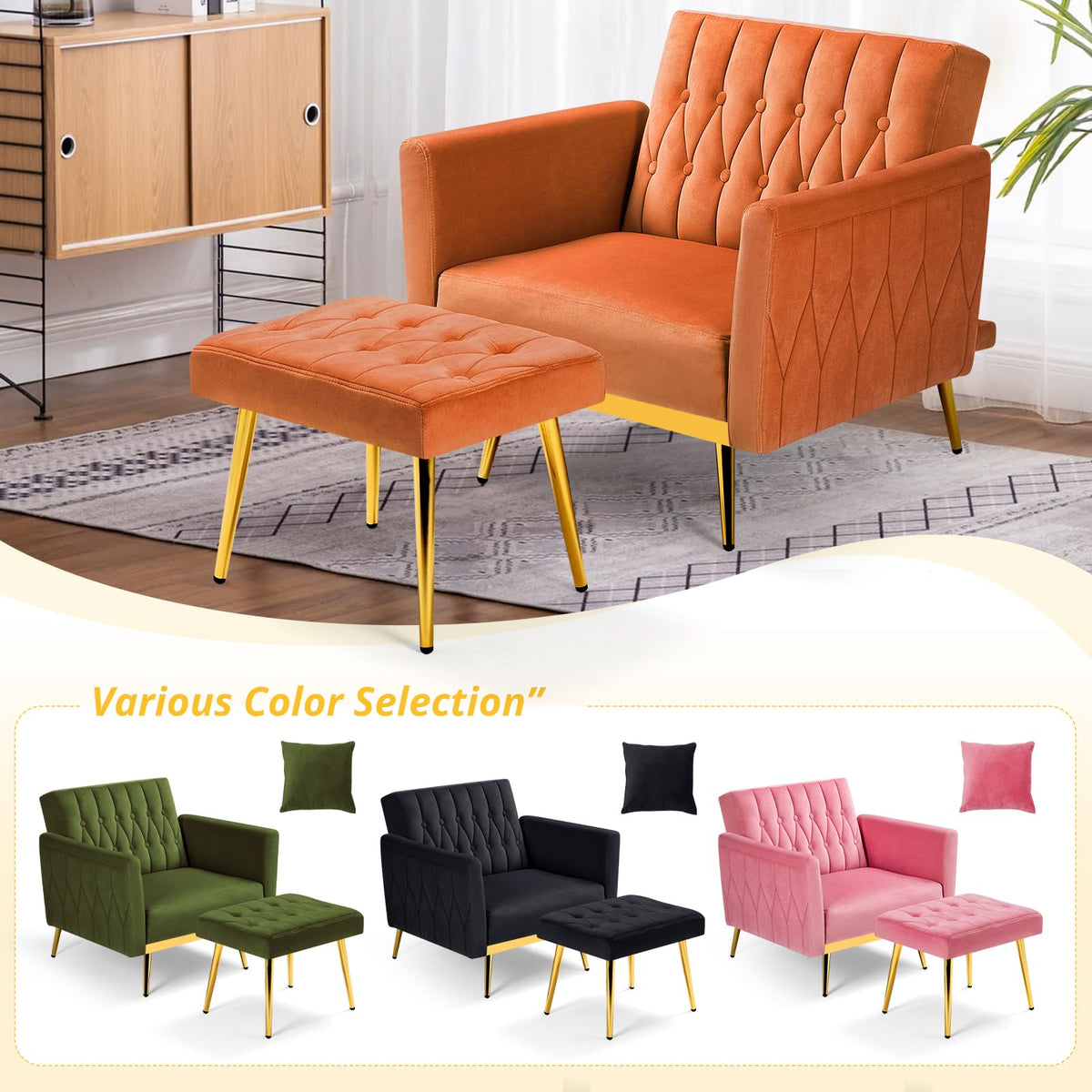 Velvet Accent Chair with Ottoman & Adjustable Backrest C3618