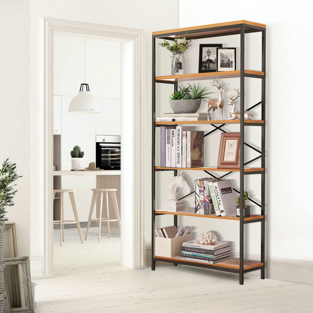 71" Tall 5 Tier Wood and Metal Bookshelf J87966