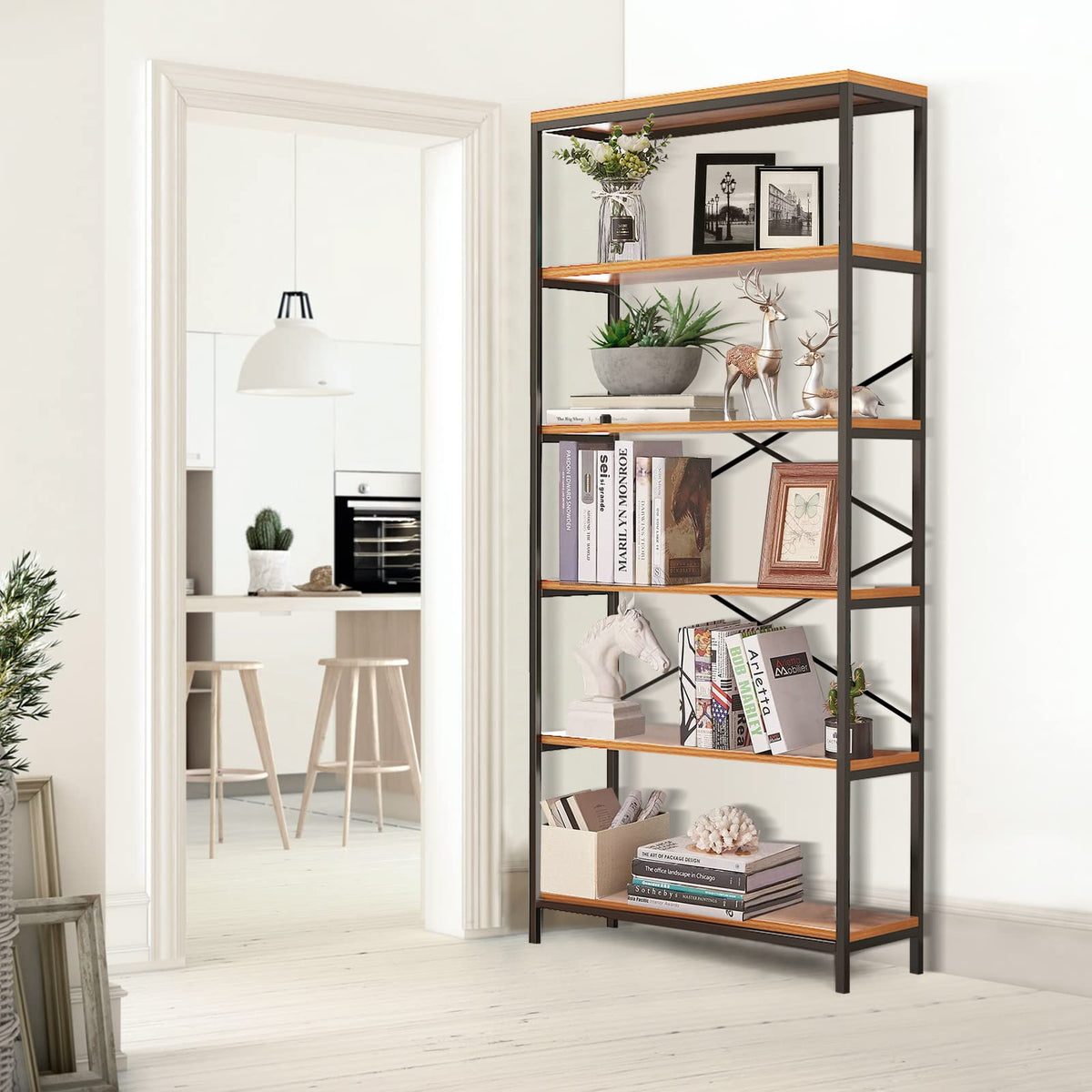 71" Tall 5 Tier Wood and Metal Bookshelf J87966