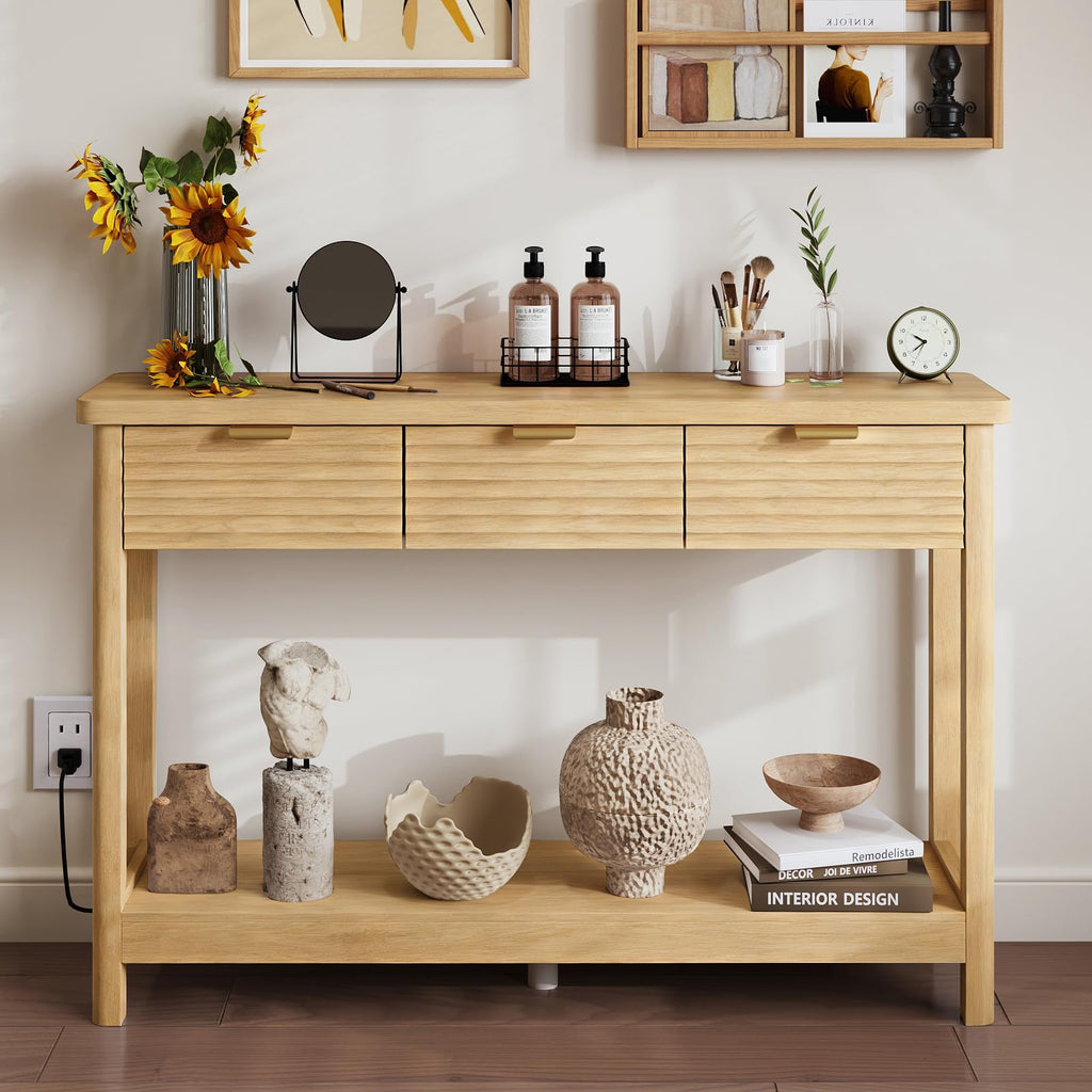47.2" Narrow Console Table with 3 Drawers & Charging Station, Oak K82550