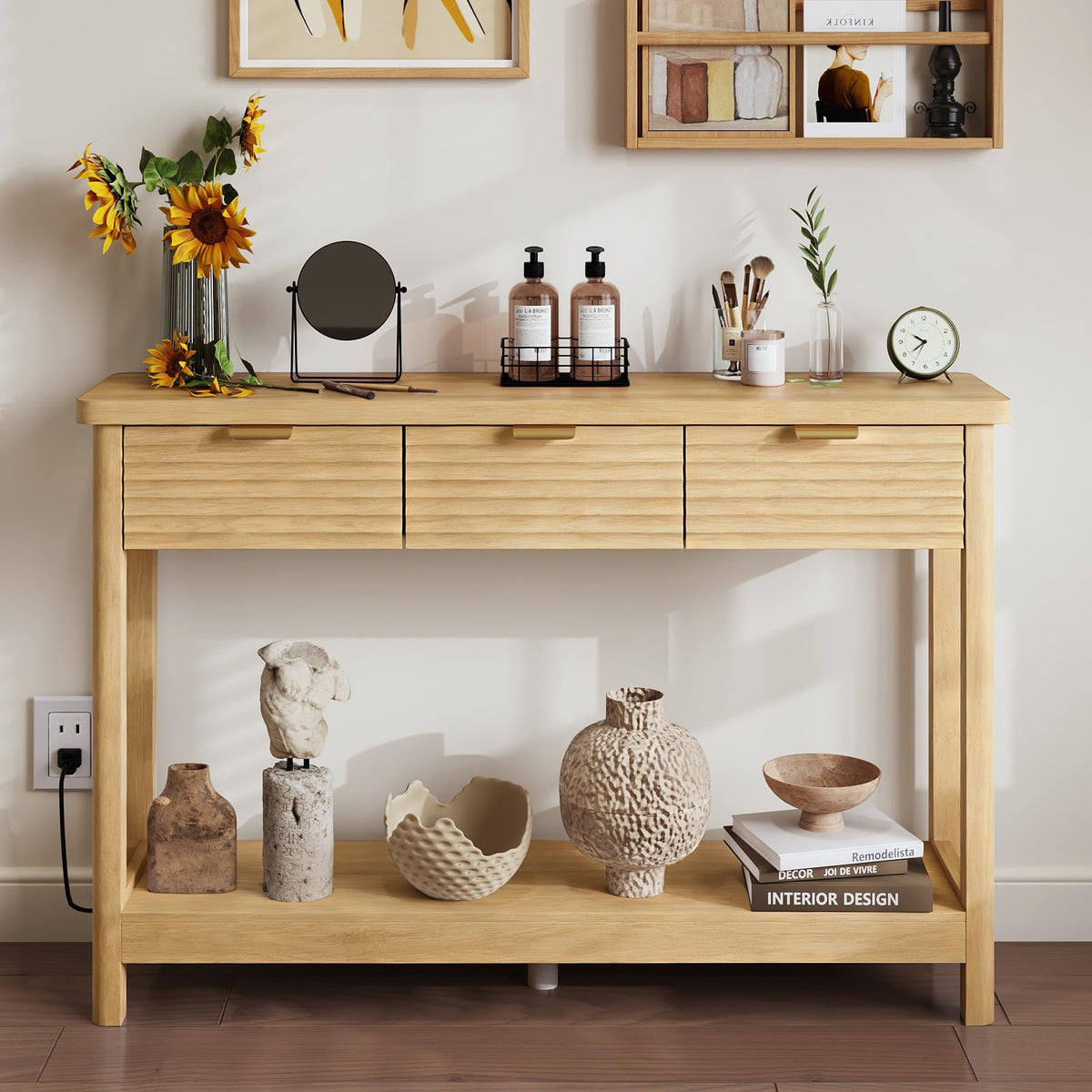 47.2" Narrow Console Table with 3 Drawers & Charging Station, Oak K82550