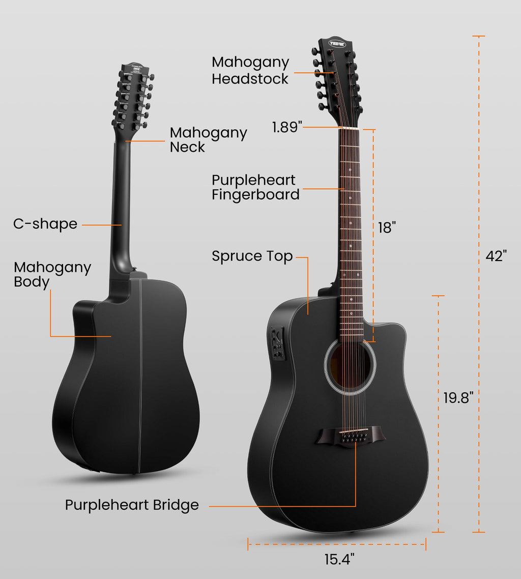 12 String Black Cutaway Acoustic Electric Guitar J655