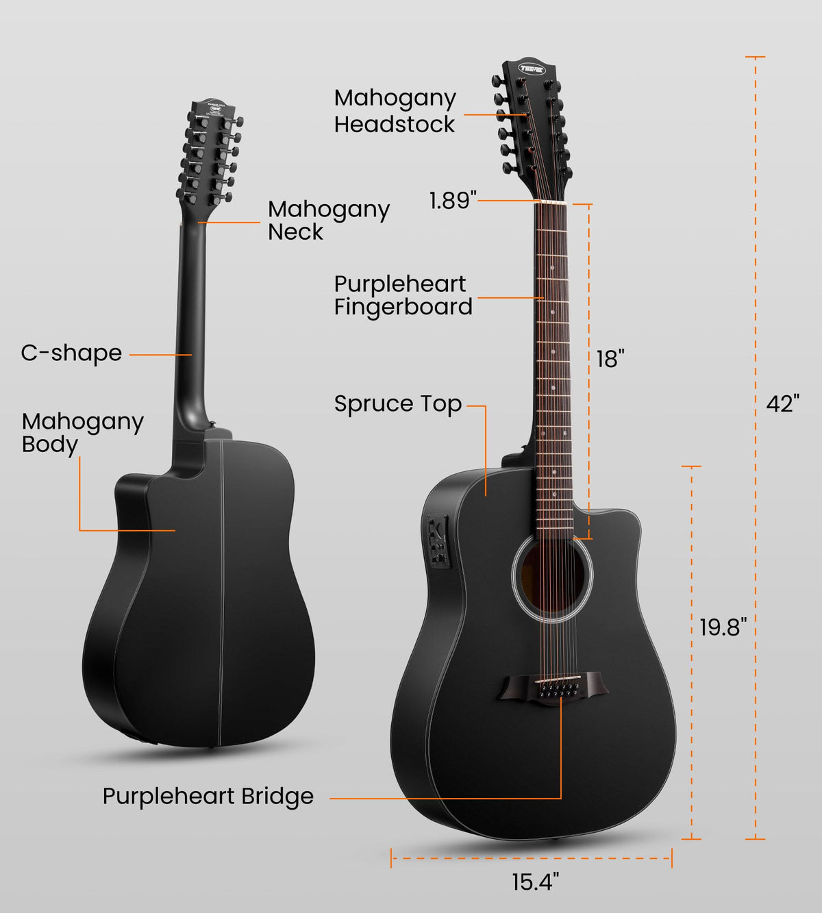 12 String Black Cutaway Acoustic Electric Guitar J655