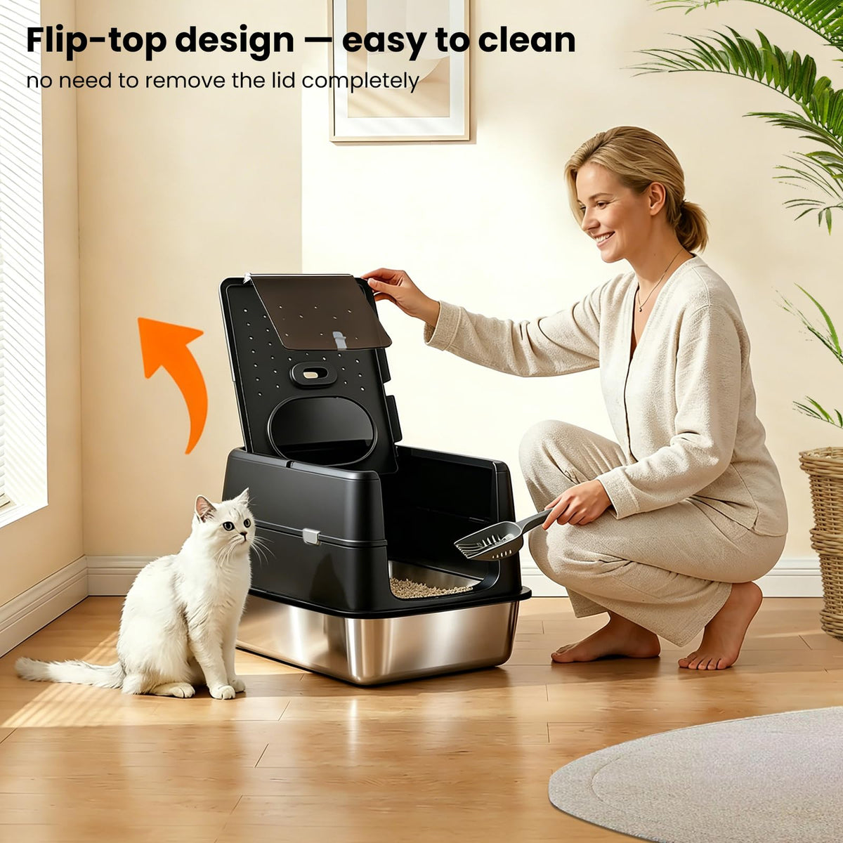Extra Large Stainless Steel Enclosed Cat Litter Box with Lid and Scoop H602