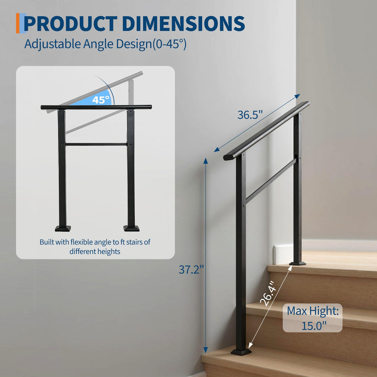 4 Step Black Aluminum Iron Outdoor Stair Handrail Kit T2264