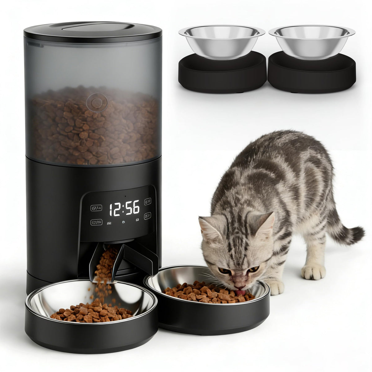 6L Automatic Cat Feeder with 2 Stainless Bowls Black E435438