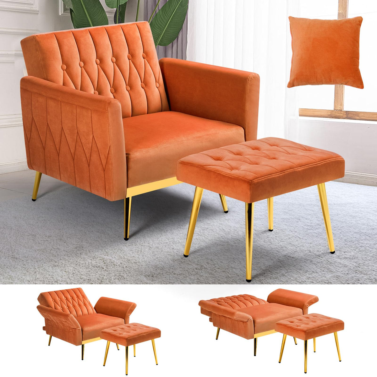 Velvet Accent Chair with Ottoman & Adjustable Backrest C3618