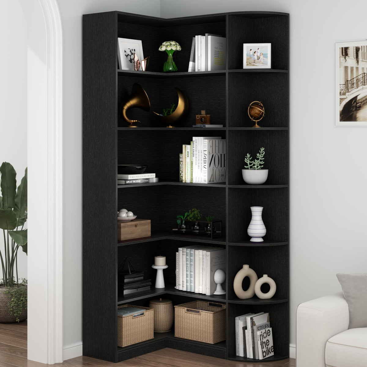 Black 6 Tiers L-Shaped Book Shelf H17785