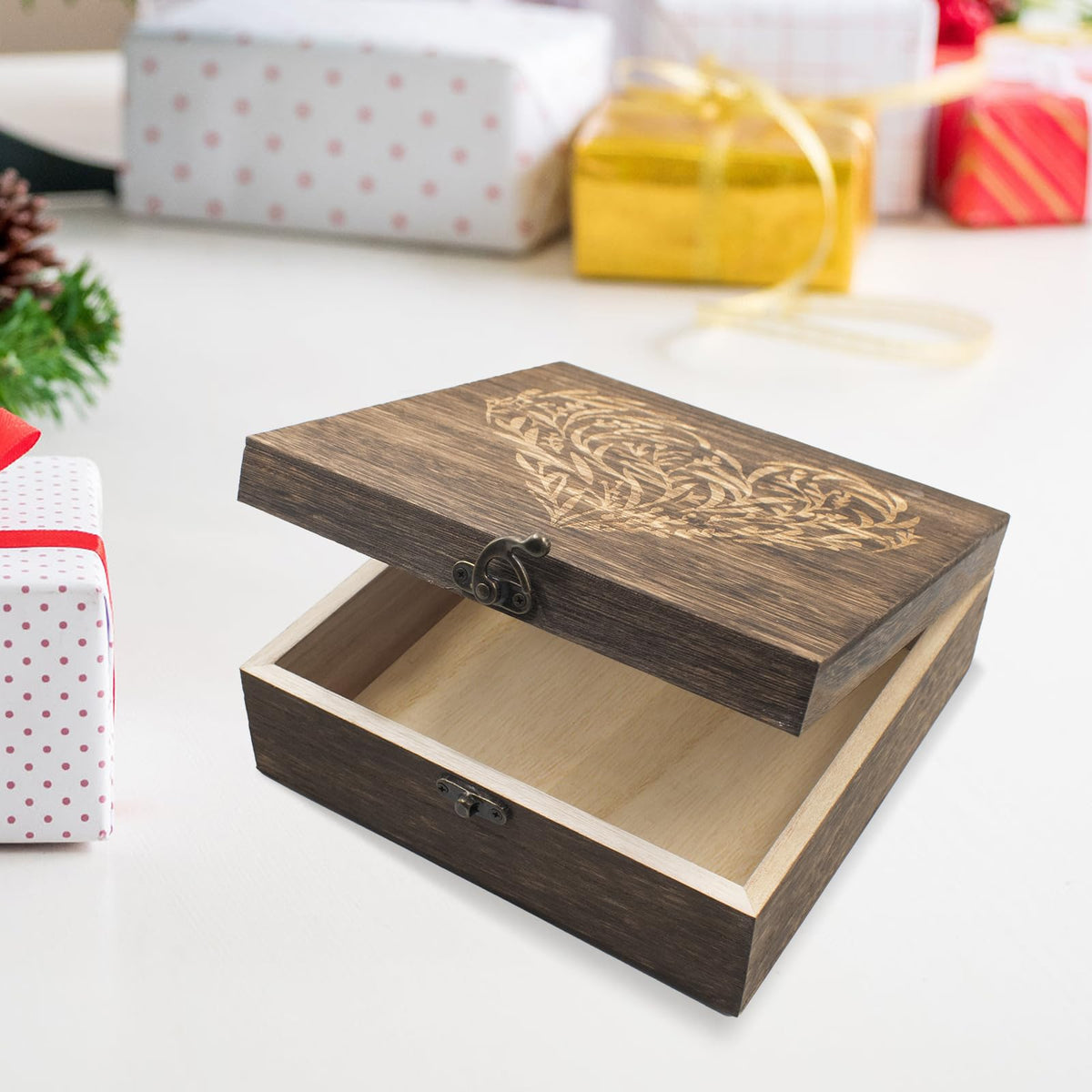 Wooden Hinged Lid Keepsake Boxes 7.5 x 7.5 x 2.8 Inch O309