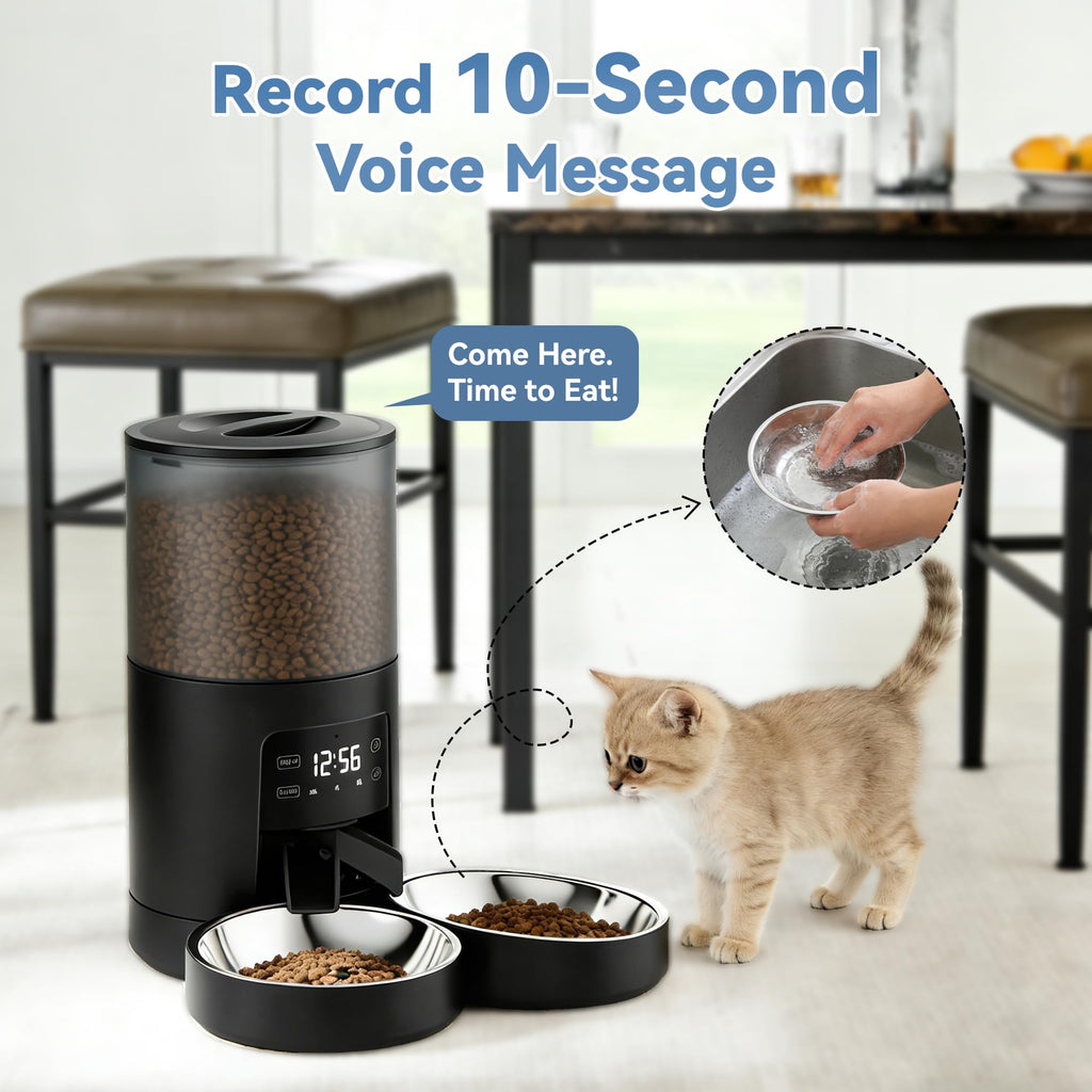 6L Automatic Cat Feeder with 2 Stainless Bowls Black E435438