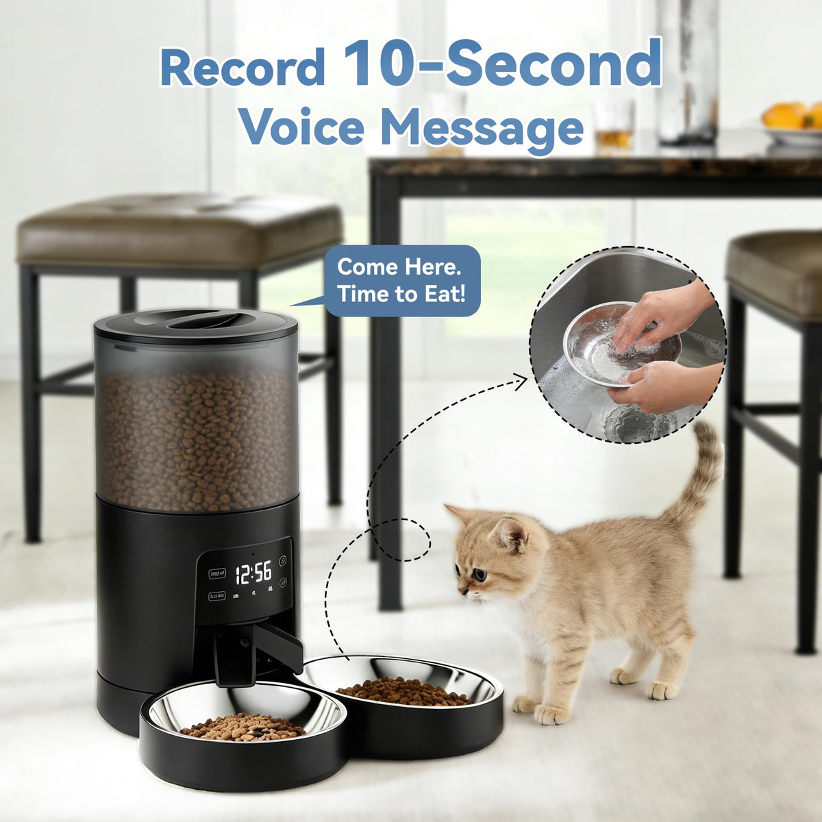 6L Automatic Cat Feeder with 2 Stainless Bowls Black E435438