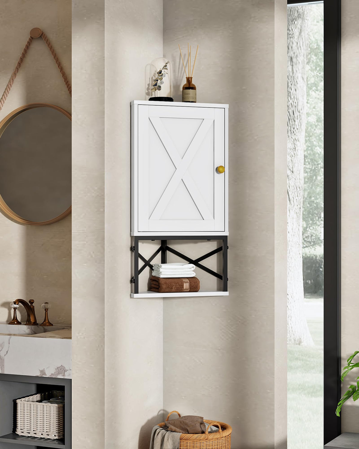 White and Black Corner Wall Cabinet with Adjustable Shelf B19194