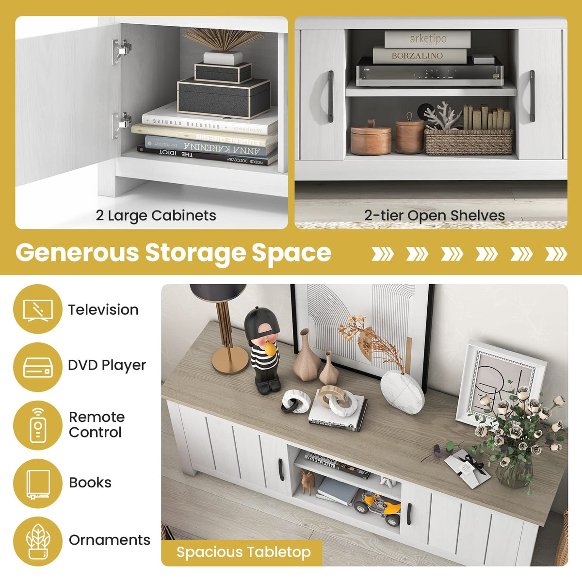 2 Doors TV Stand with 2 Cabinets & Open Shelves U9217