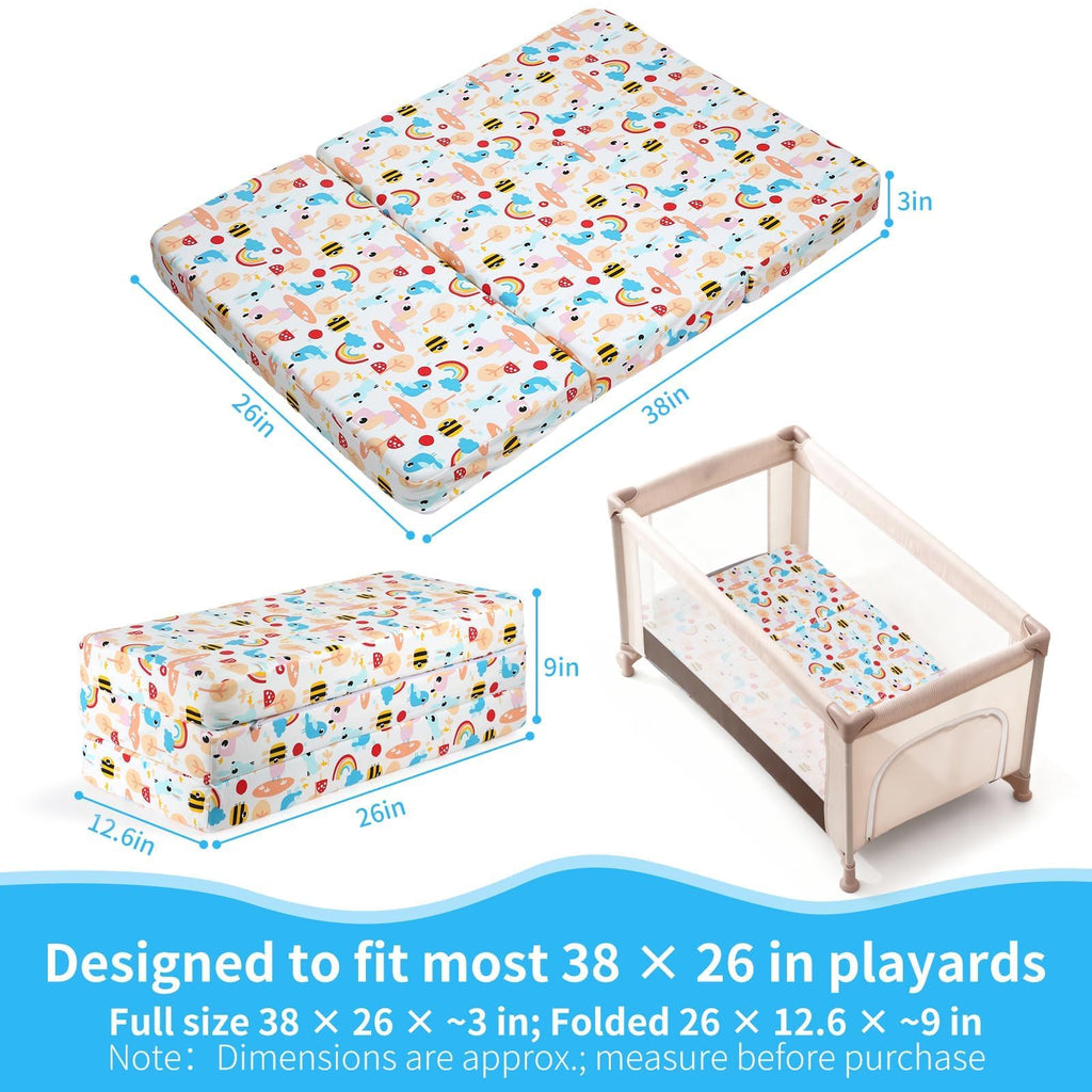 Trifold Pack and Play Mattress 38x26, Dual Sided Foldable Waterproof Washable Portable Crib Mattress Topper with Carry Bag P5237