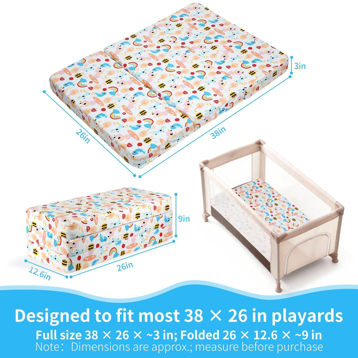 Trifold Pack and Play Mattress 38x26, Dual Sided Foldable Waterproof Washable Portable Crib Mattress Topper with Carry Bag P5237