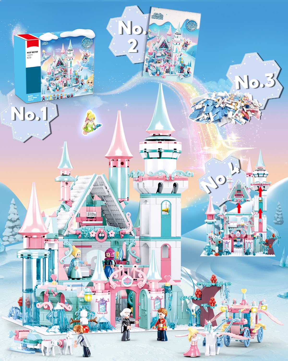 Castle Building Set with Slide, Carriage & Sledge, 9 Minifigures, 1314 PCS U98804