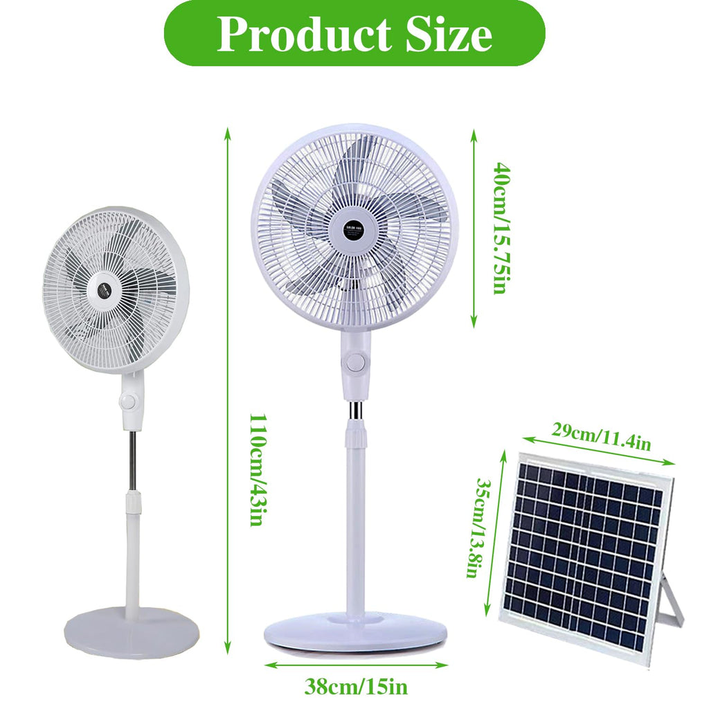 16" Oscillating Solar Floor Fan, Height Adjustable, 10000mah Battery, 3 Speeds, White J665