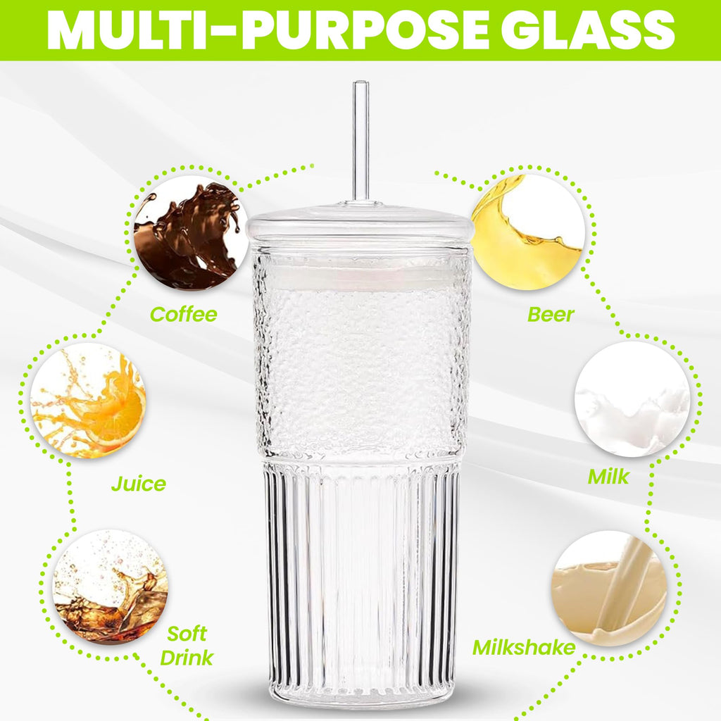 Clear 22 oz Glass Cup with Lid and Straw P169