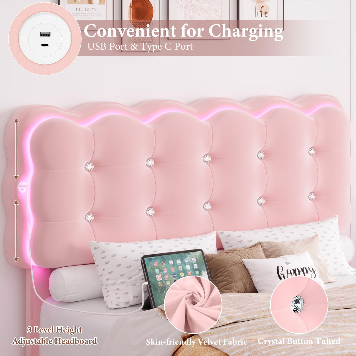 Full Size LED Bed Frame with Charging Station Headboard S20826
