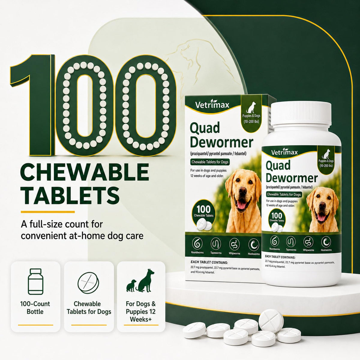 Dewormer for Dogs, 4-Way Wormer, 100 Count D572