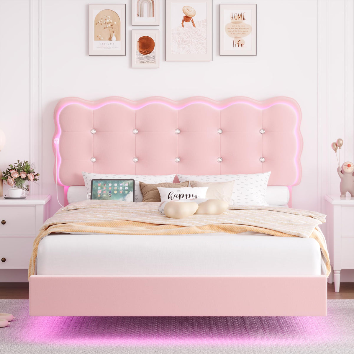 Full Size LED Bed Frame with Charging Station Headboard S20826