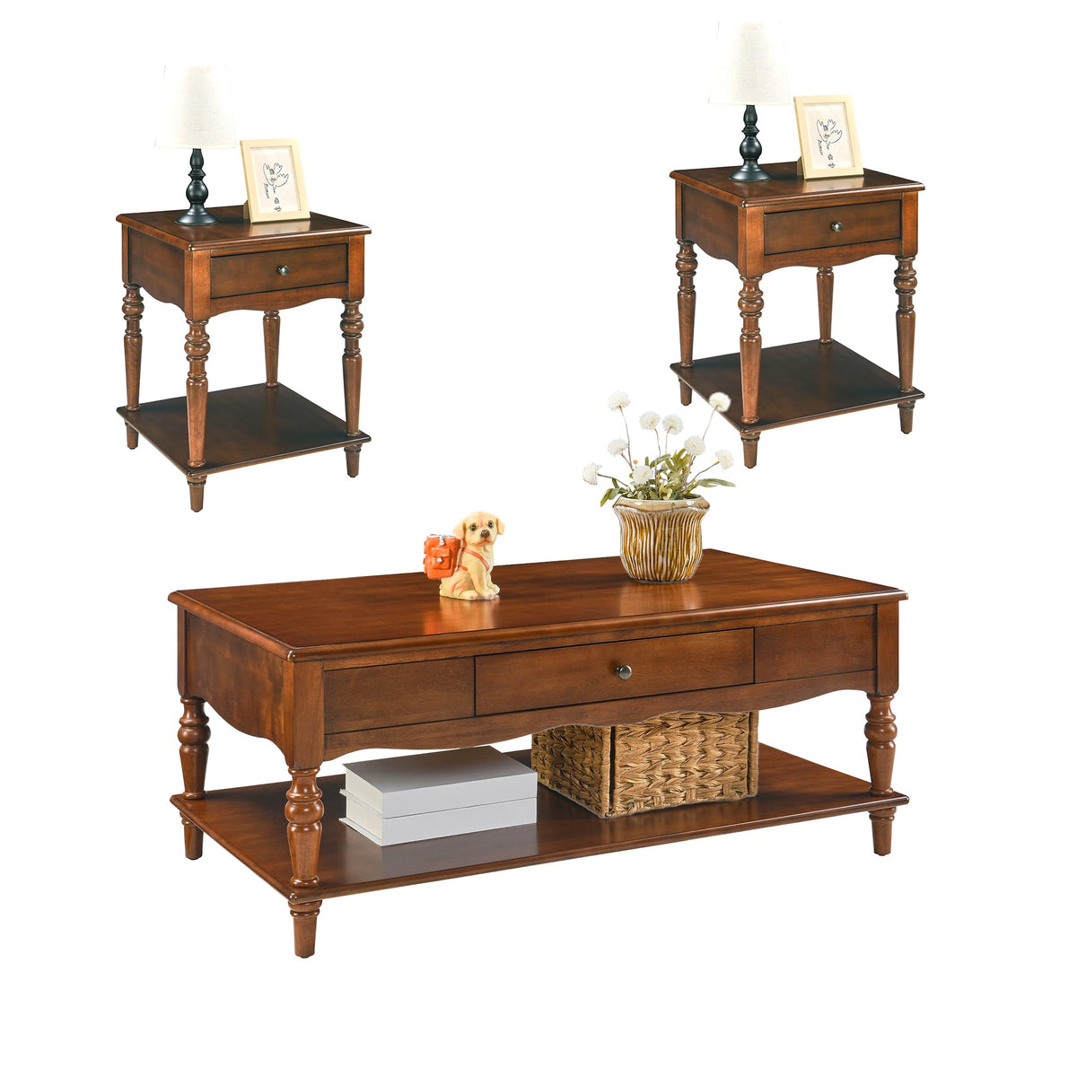 Caramel Brown Coffee Table and Two End Tables with Storage Drawer T936008