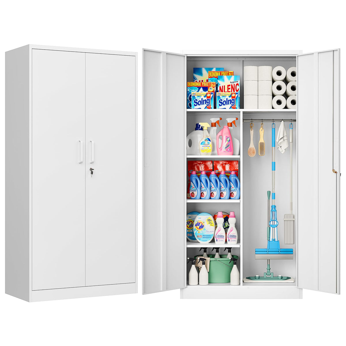 White Metal Storage Cabinet with Hanging Rod and Lock S4256